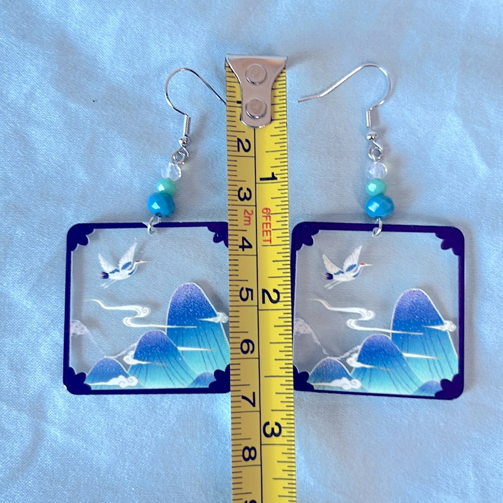 Sold-Transparent Square Shape Mountain Crane Asian Dangle Acrylic Earrings - Picture 4 of 5